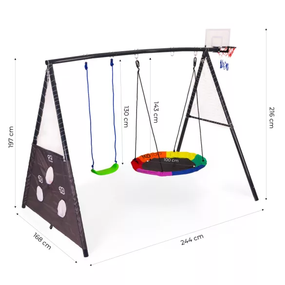 Gyerek fészekhinta állvánnyal, ECOTOYS JSP-SWD, 4 az 1-ben játszószett, 244 x 168 x 216 cm, fészekhinta 100 cm, laphinta, kosárgyűrű, pumpa és 2 labda, teherbírás: 140 kg