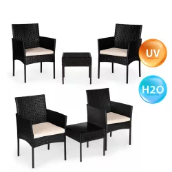   Bútorszett, MultiGarden ESO-F368-1-3, fekete, rattan, időjárásálló, 3 részes, asztal 42 x 42 cm, 2 szék, acél váz, 5 mm edzett üveg asztallap, párnákkal