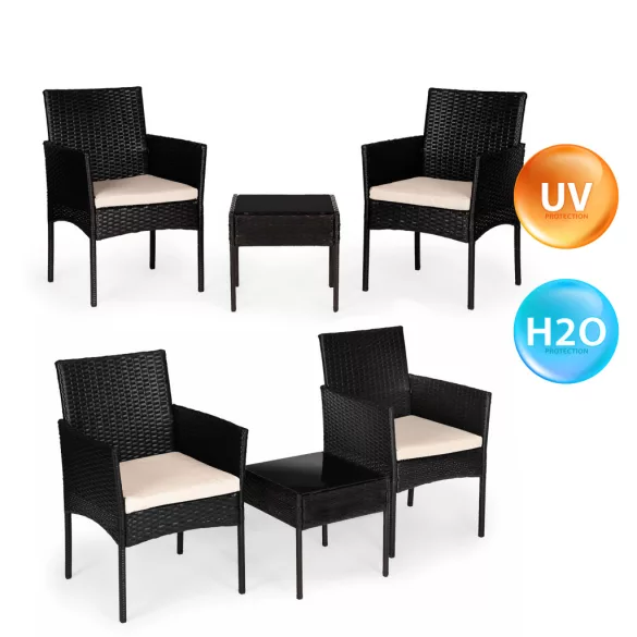 Bútorszett, MultiGarden ESO-F368-1-3, fekete, rattan, időjárásálló, 3 részes, asztal 42 x 42 cm, 2 szék, acél váz, 5 mm edzett üveg asztallap, párnákkal