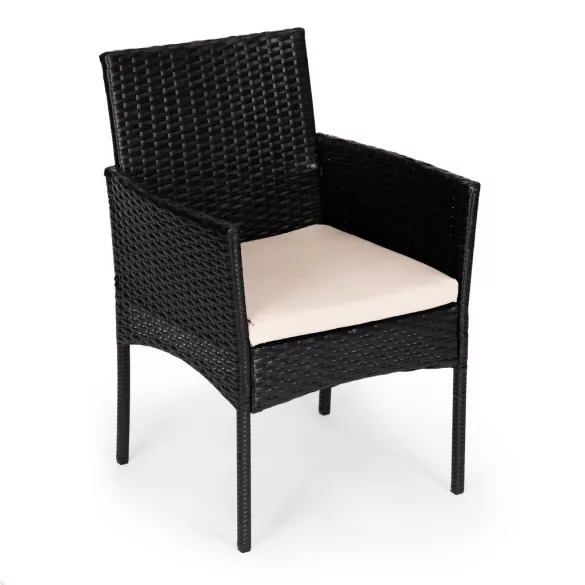 Bútorszett, MultiGarden ESO-F368-1-3, fekete, rattan, időjárásálló, 3 részes, asztal 42 x 42 cm, 2 szék, acél váz, 5 mm edzett üveg asztallap, párnákkal