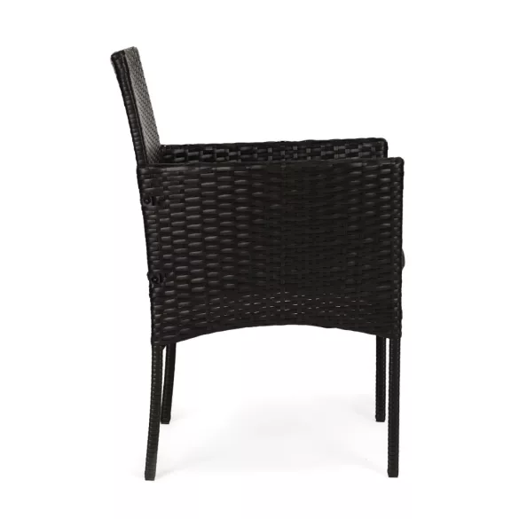 Bútorszett, MultiGarden ESO-F368-1-3, fekete, rattan, időjárásálló, 3 részes, asztal 42 x 42 cm, 2 szék, acél váz, 5 mm edzett üveg asztallap, párnákkal