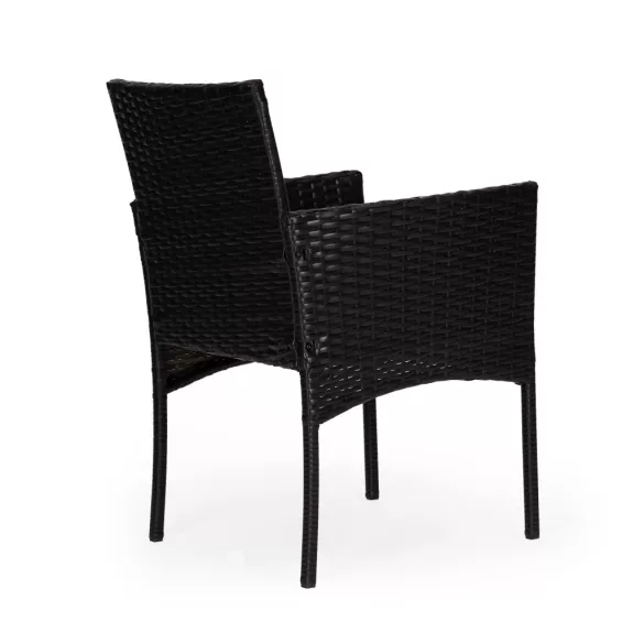 Bútorszett, MultiGarden ESO-F368-1-3, fekete, rattan, időjárásálló, 3 részes, asztal 42 x 42 cm, 2 szék, acél váz, 5 mm edzett üveg asztallap, párnákkal