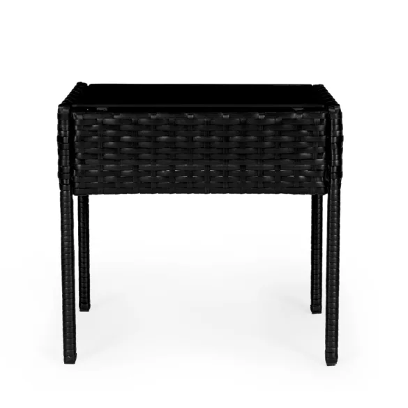 Bútorszett, MultiGarden ESO-F368-1-3, fekete, rattan, időjárásálló, 3 részes, asztal 42 x 42 cm, 2 szék, acél váz, 5 mm edzett üveg asztallap, párnákkal