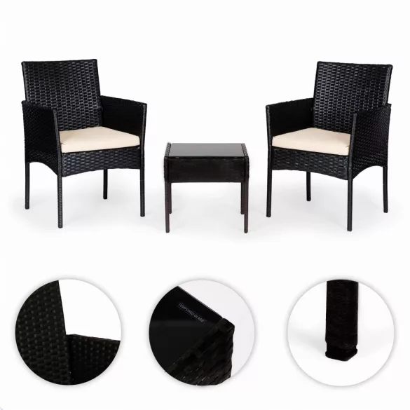 Bútorszett, MultiGarden ESO-F368-1-3, fekete, rattan, időjárásálló, 3 részes, asztal 42 x 42 cm, 2 szék, acél váz, 5 mm edzett üveg asztallap, párnákkal