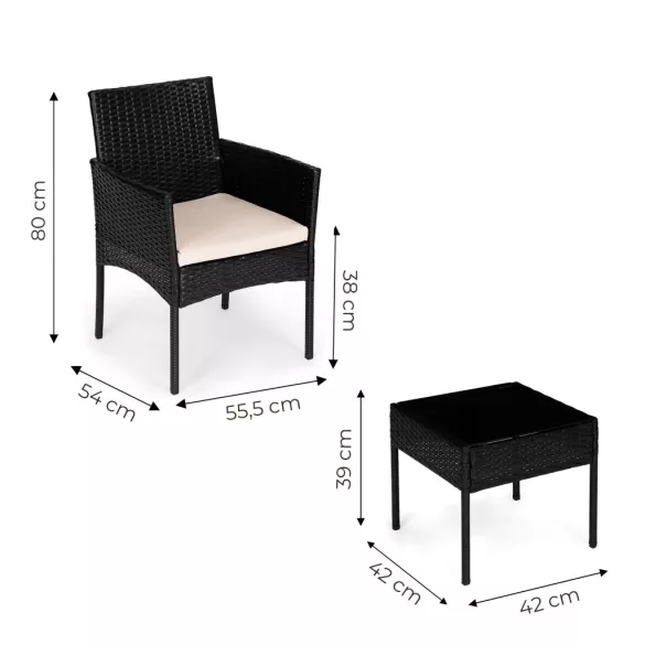 Bútorszett, MultiGarden ESO-F368-1-3, fekete, rattan, időjárásálló, 3 részes, asztal 42 x 42 cm, 2 szék, acél váz, 5 mm edzett üveg asztallap, párnákkal