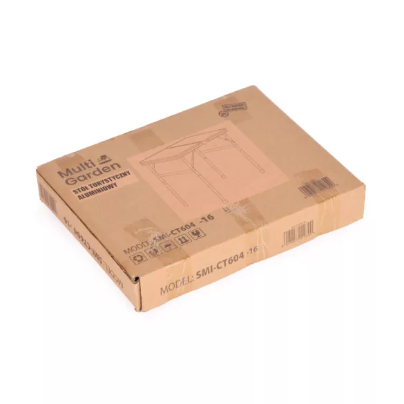 Kerti asztal, MultiGarden SMI-CT604-16, barna, 60 x 40 cm, összecsukható, magasság: 49 cm, MDF lap, bőrönddé hajtható, alumínium váz, csúszásgátló láb, teherbírás: 10 kg