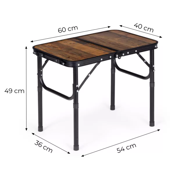 Kerti asztal, MultiGarden SMI-CT604-16, barna, 60 x 40 cm, összecsukható, magasság: 49 cm, MDF lap, bőrönddé hajtható, alumínium váz, csúszásgátló láb, teherbírás: 10 kg
