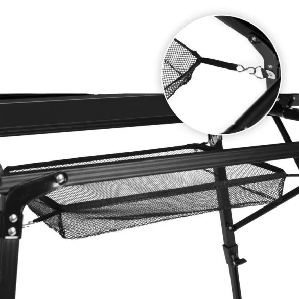 Kerti asztal, MultiGarden SMI-CT905-1, fekete, 90 x 50 cm, összecsukható, állítható magasság: 44,5–65,5 cm, alumínium váz, kosárral, teherbírás: 10 kg