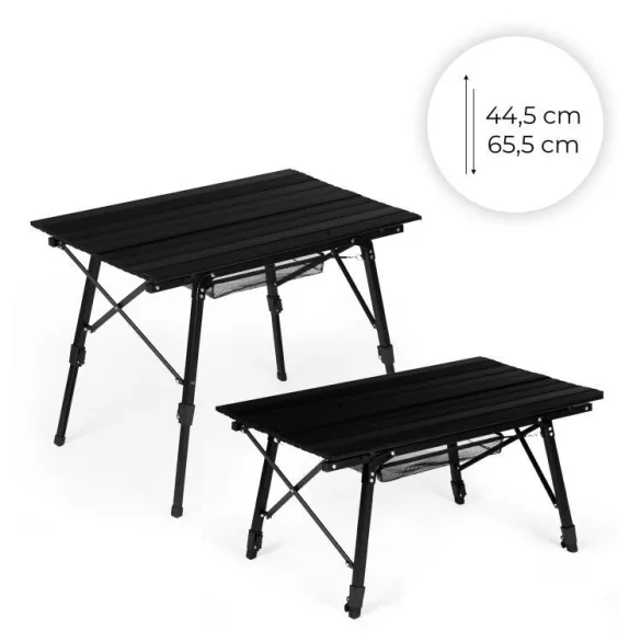 Kerti asztal, MultiGarden SMI-CT905-1, fekete, 90 x 50 cm, összecsukható, állítható magasság: 44,5–65,5 cm, alumínium váz, kosárral, teherbírás: 10 kg