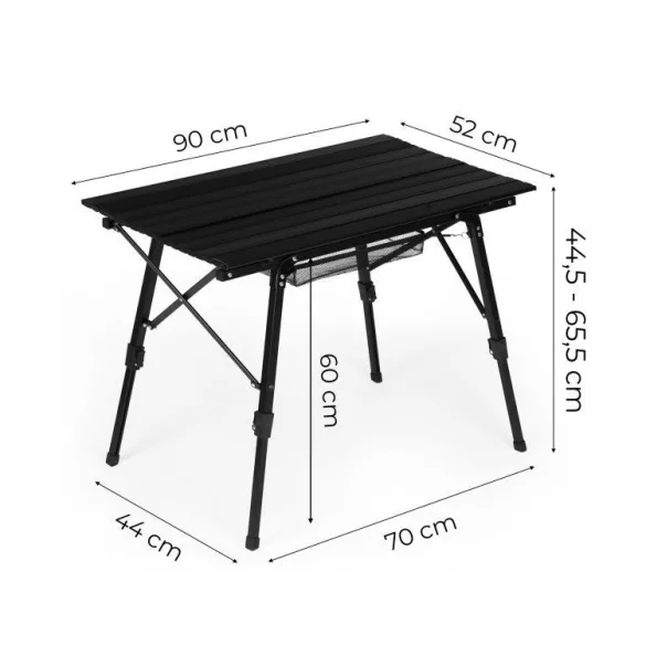 Kerti asztal, MultiGarden SMI-CT905-1, fekete, 90 x 50 cm, összecsukható, állítható magasság: 44,5–65,5 cm, alumínium váz, kosárral, teherbírás: 10 kg