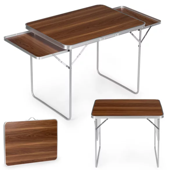 Kerti asztal, MultiGarden SMI-CT806-16, barna, 120 x 60 cm, barna, összecsukható, bőrönddé hajtható, 2 polccal, acél váz, MDF asztallap, teherbírás: 10 kg