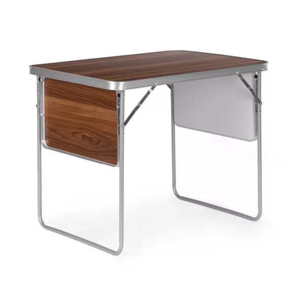 Kerti asztal, MultiGarden SMI-CT806-16, barna, 120 x 60 cm, barna, összecsukható, bőrönddé hajtható, 2 polccal, acél váz, MDF asztallap, teherbírás: 10 kg