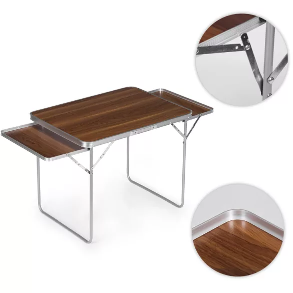 Kerti asztal, MultiGarden SMI-CT806-16, barna, 120 x 60 cm, barna, összecsukható, bőrönddé hajtható, 2 polccal, acél váz, MDF asztallap, teherbírás: 10 kg