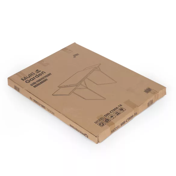 Kerti asztal, MultiGarden SMI-CT806-16, barna, 120 x 60 cm, barna, összecsukható, bőrönddé hajtható, 2 polccal, acél váz, MDF asztallap, teherbírás: 10 kg
