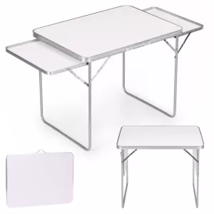 Kerti asztal, MultiGarden SMI-CT806-5, fehér, 120 x 60 cm, barna, összecsukható, bőrönddé hajtható, 2 polccal, acél váz, MDF asztallap, teherbírás: 10 kg