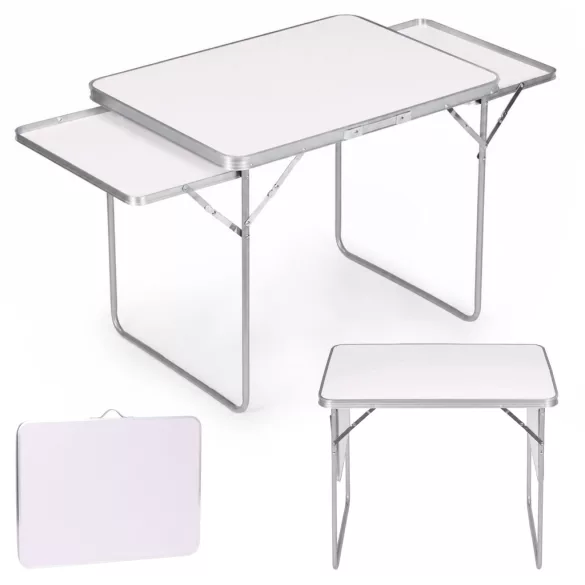 Kerti asztal, MultiGarden SMI-CT806-5, fehér, 120 x 60 cm, barna, összecsukható, bőrönddé hajtható, 2 polccal, acél váz, MDF asztallap, teherbírás: 10 kg