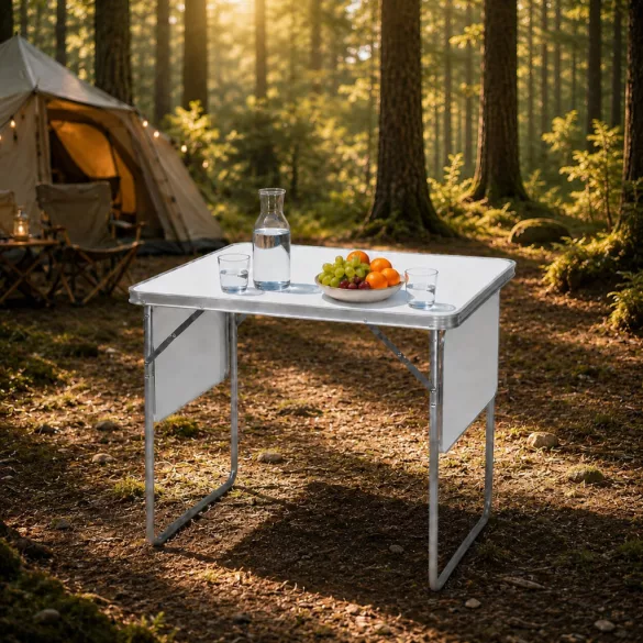 Kerti asztal, MultiGarden SMI-CT806-5, fehér, 120 x 60 cm, barna, összecsukható, bőrönddé hajtható, 2 polccal, acél váz, MDF asztallap, teherbírás: 10 kg