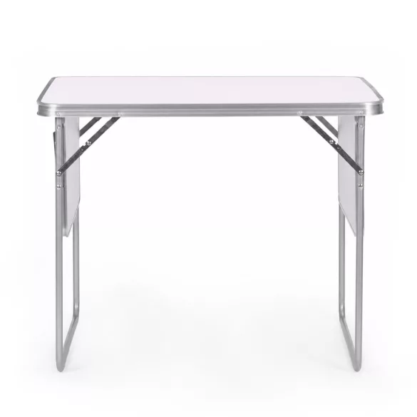 Kerti asztal, MultiGarden SMI-CT806-5, fehér, 120 x 60 cm, barna, összecsukható, bőrönddé hajtható, 2 polccal, acél váz, MDF asztallap, teherbírás: 10 kg