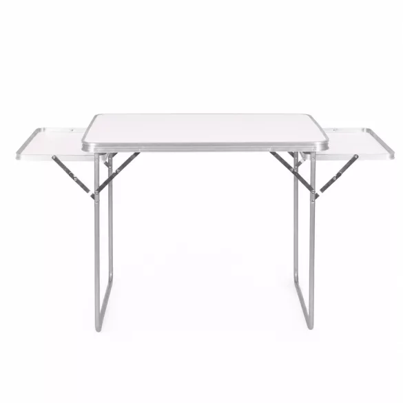 Kerti asztal, MultiGarden SMI-CT806-5, fehér, 120 x 60 cm, barna, összecsukható, bőrönddé hajtható, 2 polccal, acél váz, MDF asztallap, teherbírás: 10 kg