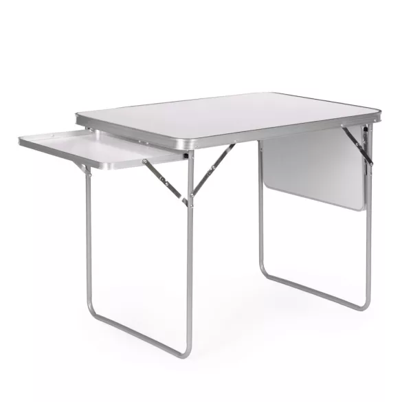 Kerti asztal, MultiGarden SMI-CT806-5, fehér, 120 x 60 cm, barna, összecsukható, bőrönddé hajtható, 2 polccal, acél váz, MDF asztallap, teherbírás: 10 kg