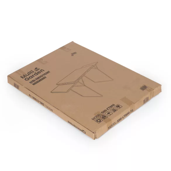 Kerti asztal, MultiGarden SMI-CT806-5, fehér, 120 x 60 cm, barna, összecsukható, bőrönddé hajtható, 2 polccal, acél váz, MDF asztallap, teherbírás: 10 kg