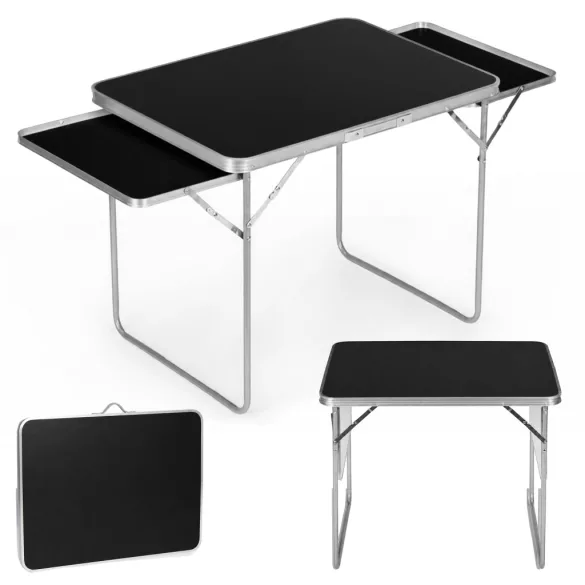 Kerti asztal, MultiGarden SMI-CT806-1, fekete, 120 x 60 cm, barna, összecsukható, bőrönddé hajtható, 2 polccal, acél váz, MDF asztallap, teherbírás: 10 kg