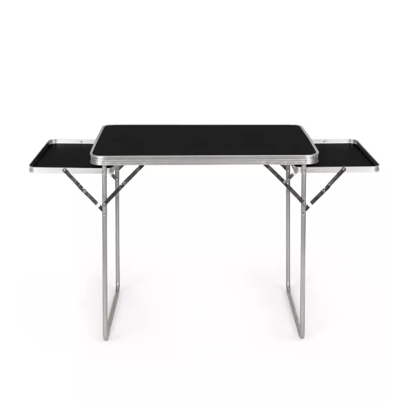 Kerti asztal, MultiGarden SMI-CT806-1, fekete, 120 x 60 cm, barna, összecsukható, bőrönddé hajtható, 2 polccal, acél váz, MDF asztallap, teherbírás: 10 kg