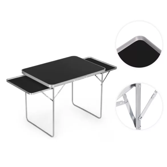 Kerti asztal, MultiGarden SMI-CT806-1, fekete, 120 x 60 cm, barna, összecsukható, bőrönddé hajtható, 2 polccal, acél váz, MDF asztallap, teherbírás: 10 kg