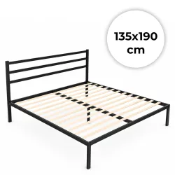   Fém ágykeret, ModernHome GIC-BFWB02, 135 x 190 cm, fekete, fém és fa, fém ágykeret és fejtámla, 400 kg teherbírás