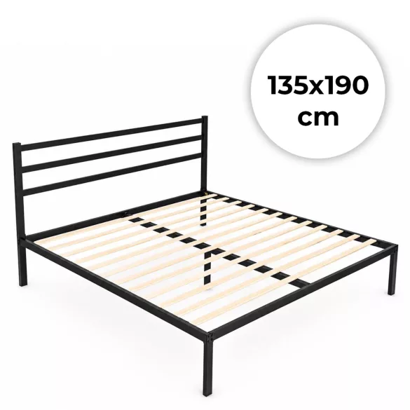 Fém ágykeret, ModernHome GIC-BFWB02, 135 x 190 cm, fekete, fém és fa, fém ágykeret és fejtámla, 400 kg teherbírás
