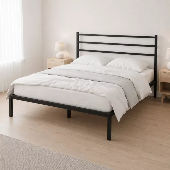Fém ágykeret, ModernHome GIC-BFWB02, 135 x 190 cm, fekete, fém és fa, fém ágykeret és fejtámla, 400 kg teherbírás