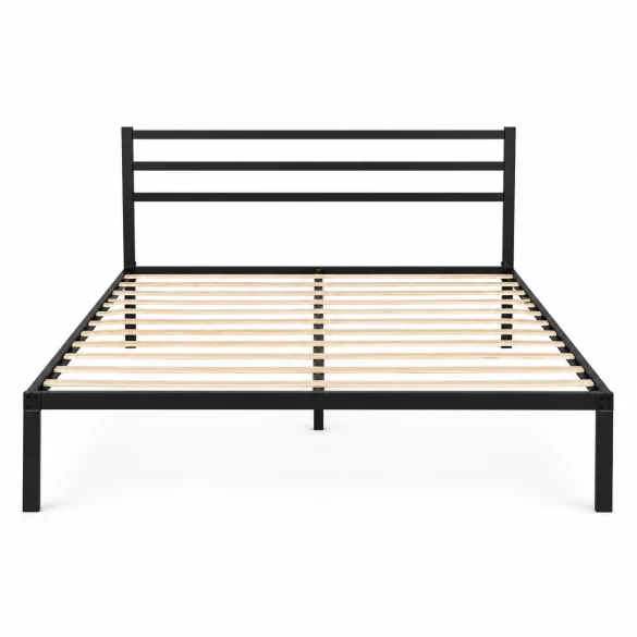 Fém ágykeret, ModernHome GIC-BFWB02, 135 x 190 cm, fekete, fém és fa, fém ágykeret és fejtámla, 400 kg teherbírás