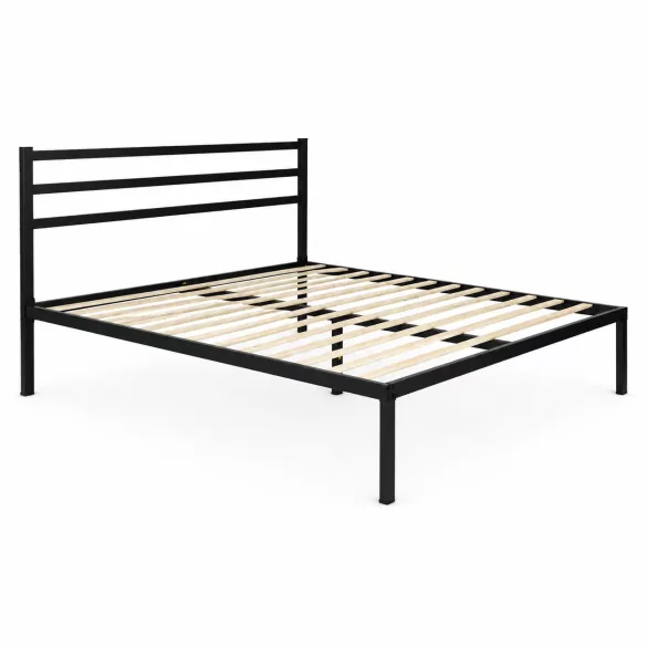 Fém ágykeret, ModernHome GIC-BFWB02, 135 x 190 cm, fekete, fém és fa, fém ágykeret és fejtámla, 400 kg teherbírás