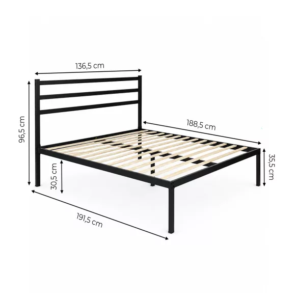 Fém ágykeret, ModernHome GIC-BFWB02, 135 x 190 cm, fekete, fém és fa, fém ágykeret és fejtámla, 400 kg teherbírás