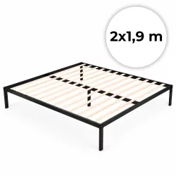   Fém ágykeret, ModernHome, 190 x 200 cm, fekete, fém és fa, fém ágykeret, minimalista, 400 kg teherbírás