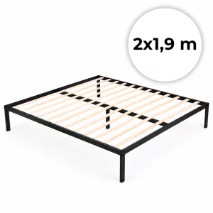 Fém ágykeret, ModernHome, 190 x 200 cm, fekete, fém és fa, fém ágykeret, minimalista, 400 kg teherbírás