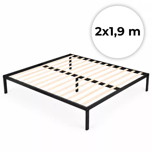 Fém ágykeret, ModernHome, 190 x 200 cm, fekete, fém és fa, fém ágykeret, minimalista, 400 kg teherbírás