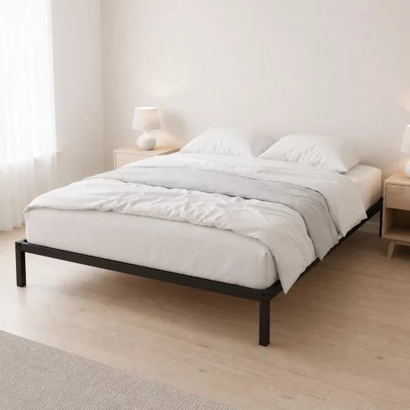 Fém ágykeret, ModernHome, 190 x 200 cm, fekete, fém és fa, fém ágykeret, minimalista, 400 kg teherbírás