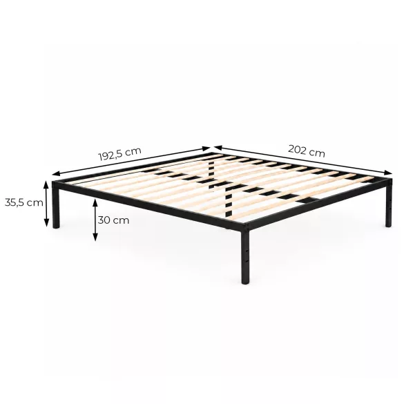 Fém ágykeret, ModernHome, 190 x 200 cm, fekete, fém és fa, fém ágykeret, minimalista, 400 kg teherbírás