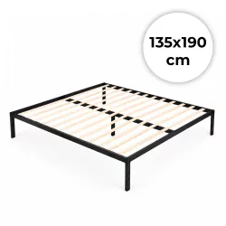   Fém ágykeret, ModernHome GIC-BF03, 135 x 190 cm, fekete, fém és fa, fém ágykeret, minimalista, 400 kg teherbírás