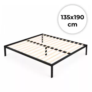 Fém ágykeret, ModernHome GIC-BF03, 135 x 190 cm, fekete, fém és fa, fém ágykeret, minimalista, 400 kg teherbírás