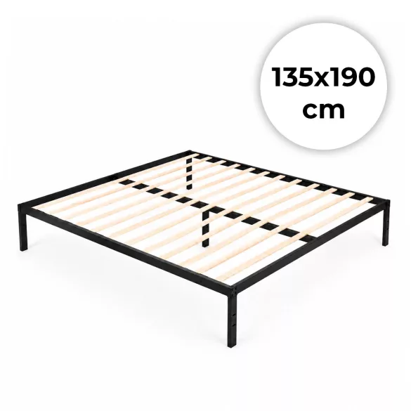 Fém ágykeret, ModernHome GIC-BF03, 135 x 190 cm, fekete, fém és fa, fém ágykeret, minimalista, 400 kg teherbírás