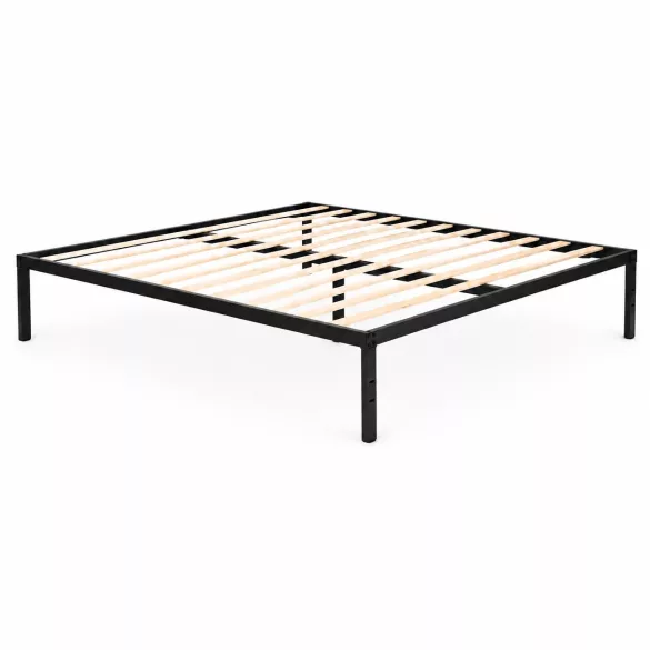 Fém ágykeret, ModernHome GIC-BF03, 135 x 190 cm, fekete, fém és fa, fém ágykeret, minimalista, 400 kg teherbírás