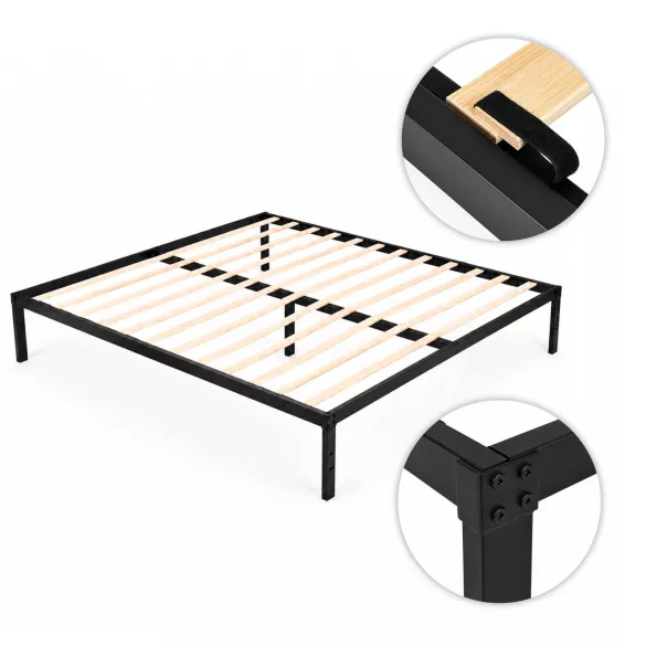 Fém ágykeret, ModernHome GIC-BF03, 135 x 190 cm, fekete, fém és fa, fém ágykeret, minimalista, 400 kg teherbírás