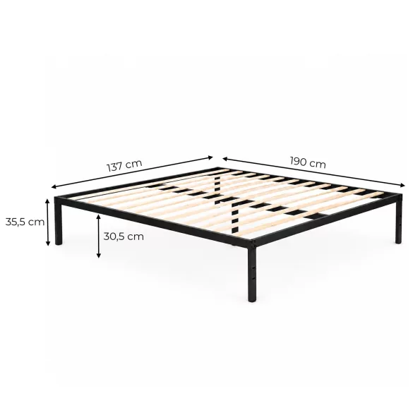 Fém ágykeret, ModernHome GIC-BF03, 135 x 190 cm, fekete, fém és fa, fém ágykeret, minimalista, 400 kg teherbírás