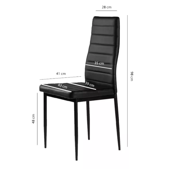 Étkezőszék, ModernHome DC855-4, 4 db, fekete, 98 x 43 x 41 cm, ökobőr kárpit, porszórt acél lábak, magas háttámla, teherbírás: 120 kg