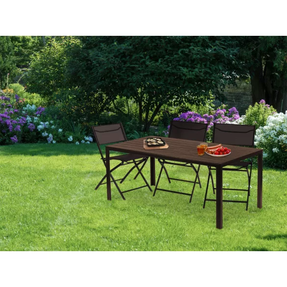 Kerti asztal, MultiGarden SAK-156, barna, 156 × 78 cm, 6 személyes, magasság: 74 cm, fahatású műanyag asztallap, porszórt acél váz, teherbírás: 150 kg