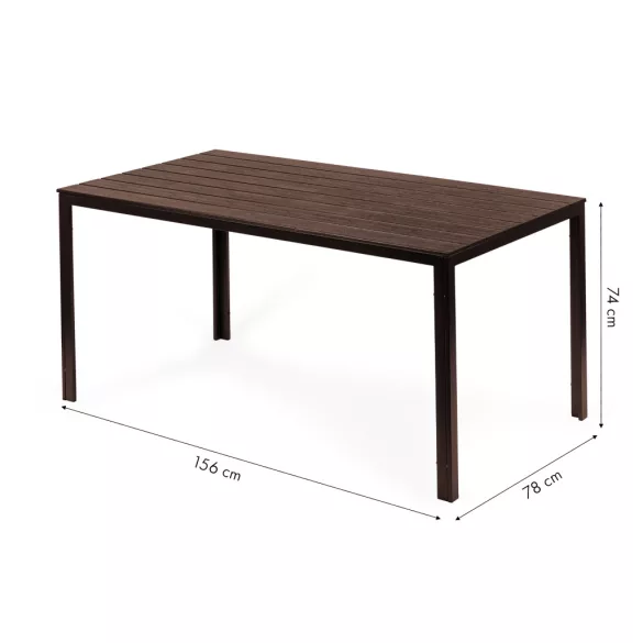 Kerti asztal, MultiGarden SAK-156, barna, 156 × 78 cm, 6 személyes, magasság: 74 cm, fahatású műanyag asztallap, porszórt acél váz, teherbírás: 150 kg