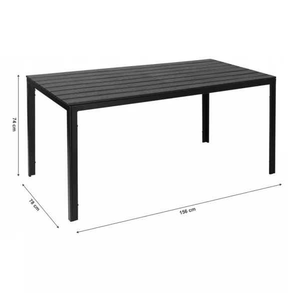 Kerti asztal, MultiGarden SAK-156, fekete, 156 x 78 cm, 6 személyes, magasság: 74 cm, fahatású műanyag asztallap, porszórt acél váz, teherbírás: 150 kg