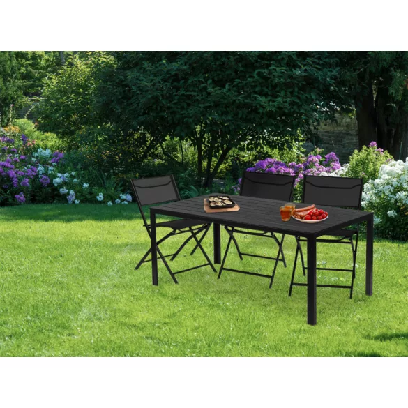 Kerti asztal, MultiGarden SAK-156, fekete, 156 x 78 cm, 6 személyes, magasság: 74 cm, fahatású műanyag asztallap, porszórt acél váz, teherbírás: 150 kg